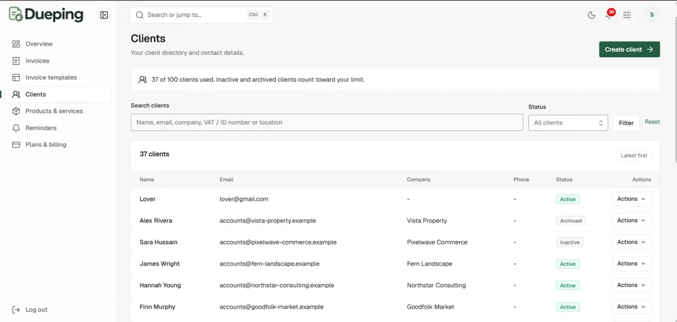 Dueping client directory showing names, companies, and billing contacts