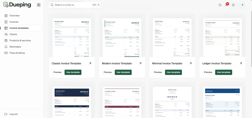 Dueping gallery of ten invoice templates with preview options